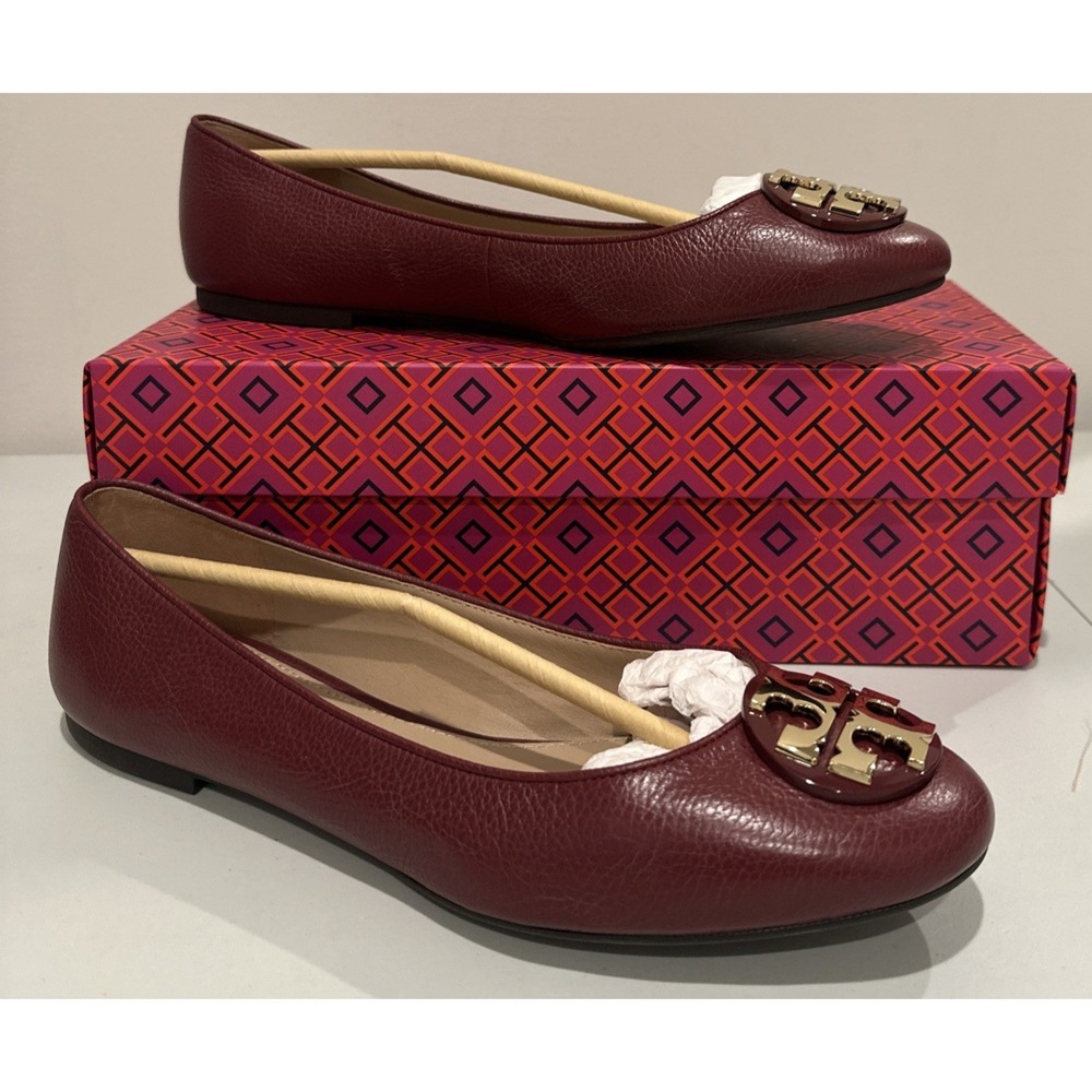 Tory Burch Size 10.5M Claire Ballet Flat Shoes Red Agate Gold T Tumbled Leather